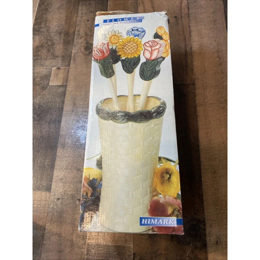 Wooden Cooking Utensil 6 Hand‎ Painted Flower Handle Ceramic Basket Tool Holder